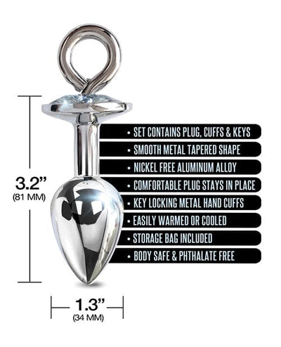 Global Novelties LLC Nixie Metal Butt Plug W-inlaid Jewel & Cuff Set - Silver Metallic Kink & BDSM