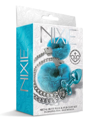 Global Novelties LLC Nixie Metal Butt Plug W/inlaid Jewel & Fur Cuff Set Blue Metallic Kink & BDSM