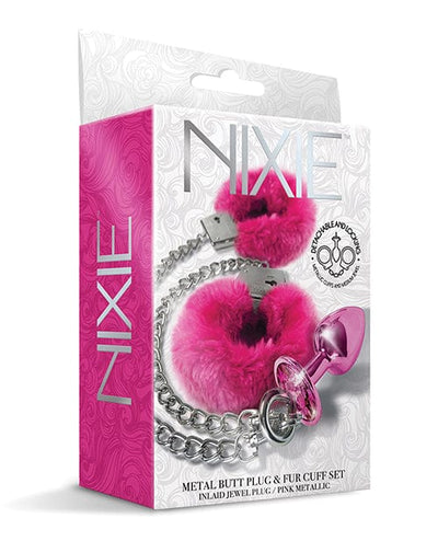 Global Novelties LLC Nixie Metal Butt Plug W/inlaid Jewel & Fur Cuff Set Pink Metallic Kink & BDSM
