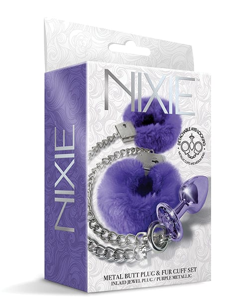 Global Novelties LLC Nixie Metal Butt Plug W/inlaid Jewel & Fur Cuff Set Purple Metallic Kink & BDSM