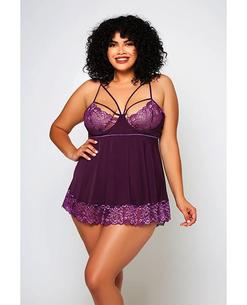 Icollection Lingerie Cross Dye Lace &amp; Microfiber Babydoll &amp; G-string Purple 1X Lingerie &amp; Costumes