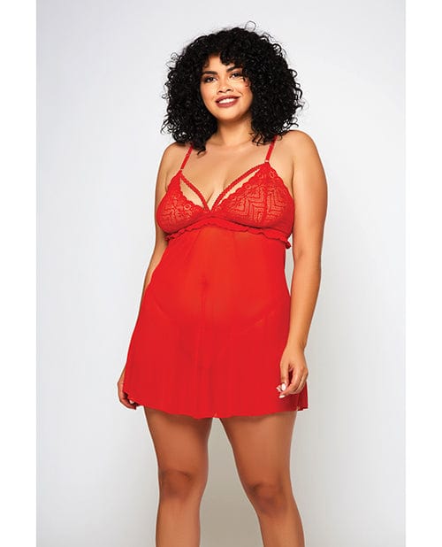 Icollection Lingerie Galloon Lace &amp; Fine Mesh Babydoll &amp; G-string Red 1X Lingerie &amp; Costumes