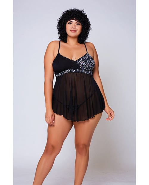 Icollection Lingerie Galloon Lace, Micro Fiber &amp; Fine Mesh Soft Cup Babydoll W/g-string Navy/black 1X Lingerie &amp; Costumes