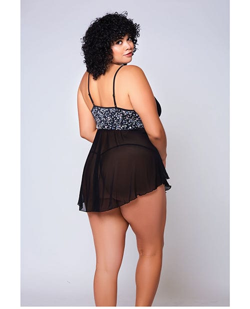 Icollection Lingerie Galloon Lace, Micro Fiber &amp; Fine Mesh Soft Cup Babydoll W/g-string Navy/black Lingerie &amp; Costumes