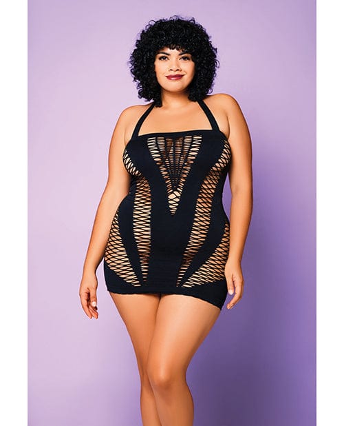 Heart Of Chaos Seamless Chemise with halter Strap & Vertical V Cut Outs Black One Size Fits Most Plus Size