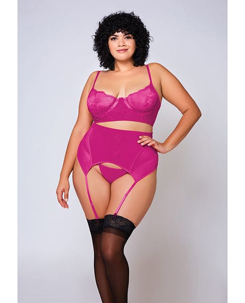 Icollection Lingerie Soft Lace Bra, High Waist Satin &amp; Mesh Garterbelt &amp; G-string Fuchsia 1X Lingerie &amp; Costumes
