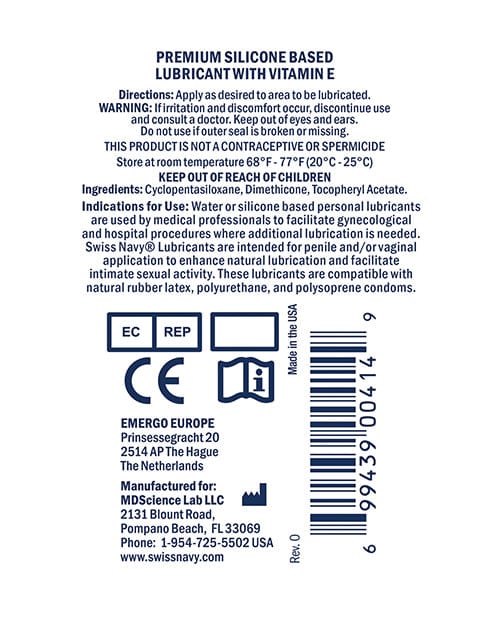 M.D. Science Lab Swiss Navy Premium Silicone Lubricant - 1 Oz. Bottle Lubes