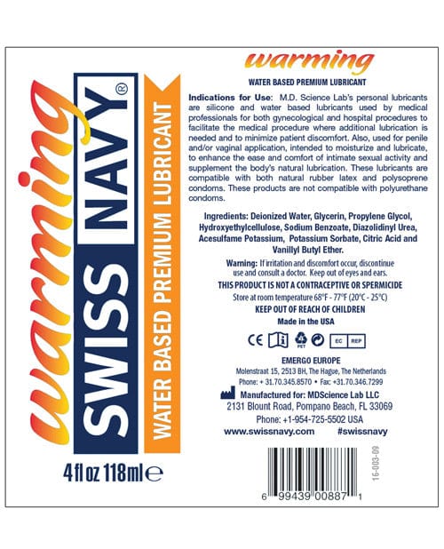 M.D. Science Lab Swiss Navy Warming Water Based Lube - 4 Oz. Lubes
