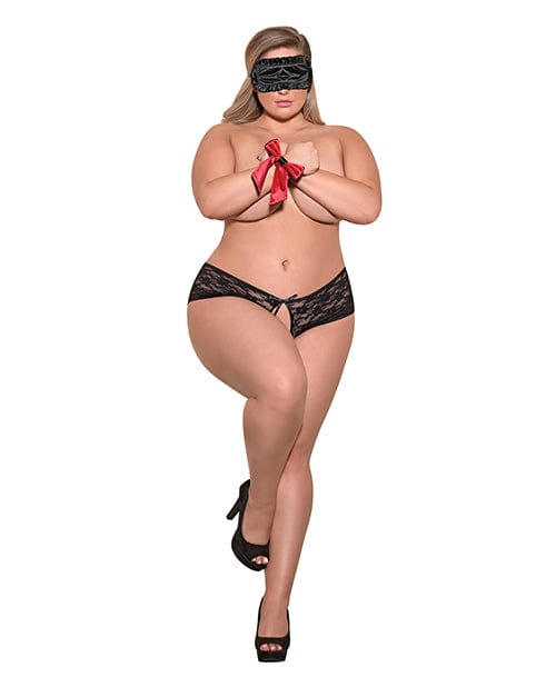 Love & Bondage Split Back Lace Booty Short, Blindfold & Wrist Ties Black One Size Fits Most Plus Size