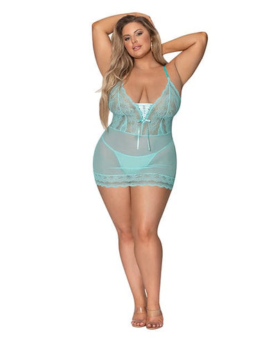 Magic Moments Int'l Seabreeze Lace Up Chemise & G-string Turquoise 2x Lingerie & Costumes