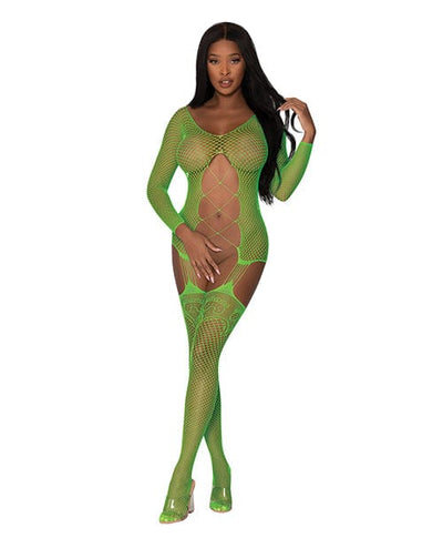 Magic Moments Int'l Seamless Fishnet Gartered Catsuit O/s Lime Lingerie & Costumes