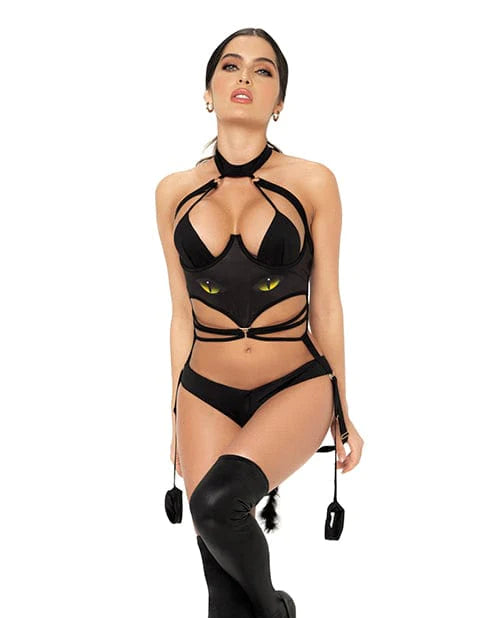 Mapale 1 Pc Cat Girl Bodysuit W/attached Wrist Straps Black Lingerie &amp; Costumes