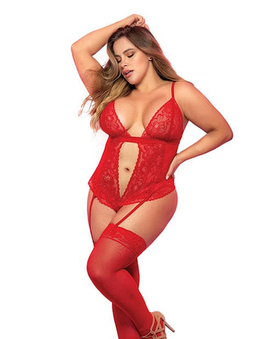 Mapale Lace & Mesh Teddy W/hook & Eye Crotch Closure W/attached Garter Straps Red 1x/2x Lingerie & Costumes