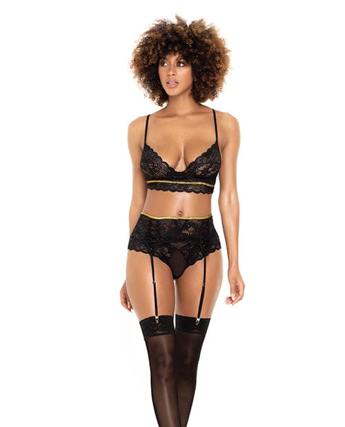 Mapale Lace Underwire Bra, Thong &amp; Garterbelt W/lace Up Detail Black M/l Lingerie &amp; Costumes