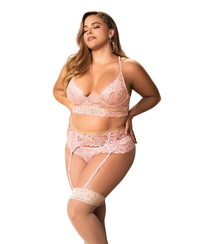 Mapale Lace Underwire Bra, Thong & Garterbelt W/lace Up Detail Rose 1x/2x Lingerie & Costumes