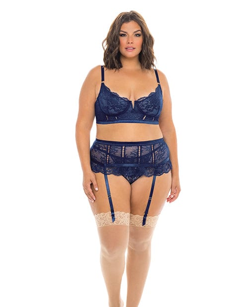 Oh La La Cheri Adrienne Underwire Bra, High Waist Garterbelt &amp; G-string Estate Blue 1X Lingerie &amp; Costumes