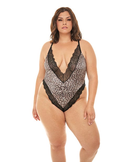 Oh La La Cheri Jolene Satin Teddy W/plunging Neckline Leopard/black 1x/2x Lingerie &amp; Costumes