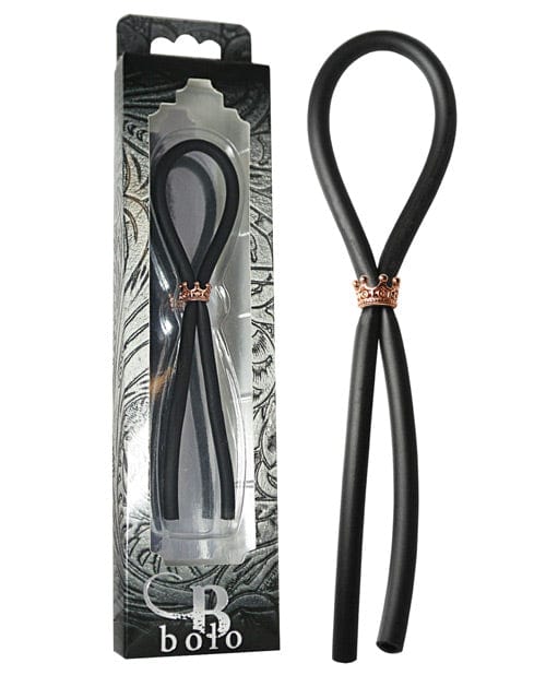 PHS International Bolo Silicone Lasso with Silver Crown Slider Ring Black/Rose Gold Penis Toys