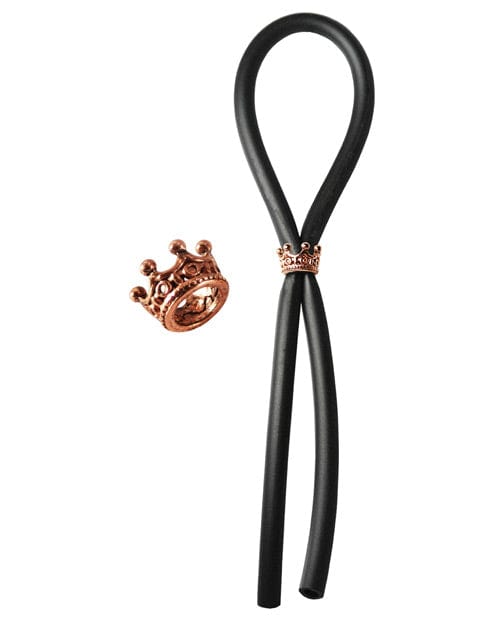 PHS International Bolo Silicone Lasso with Silver Crown Slider Ring Black/Rose Gold Penis Toys