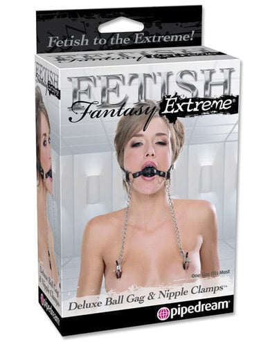 Pipedream Products Fetish Fantasy Extreme Deluxe Ball Gag & Nipple Clamps - Black Kink & BDSM