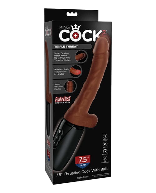Pipedream Products King Cock Plus Thrusting, Warming &amp; Vibrating 7.5" Triple Threat Dong - Brown Vibrators