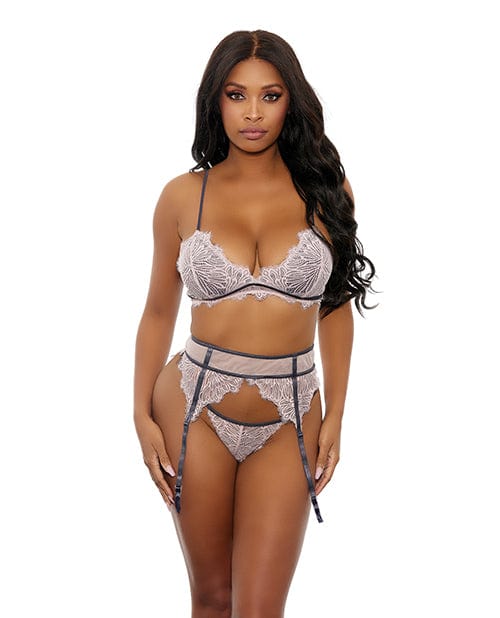 Popsi Lingerie Floral Lace Bra, Cage Garter Belt &amp; G-string Dusty Pink Large Lingerie &amp; Costumes