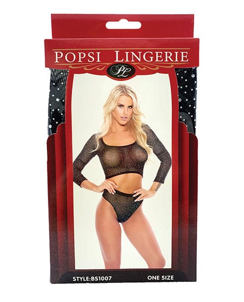 Popsi Lingerie Rhinestone Crop Top W-high Waist Panty Black O-s Lingerie &amp; Costumes