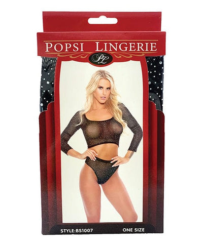 Popsi Lingerie Rhinestone Crop Top W-high Waist Panty Black O-s Lingerie & Costumes