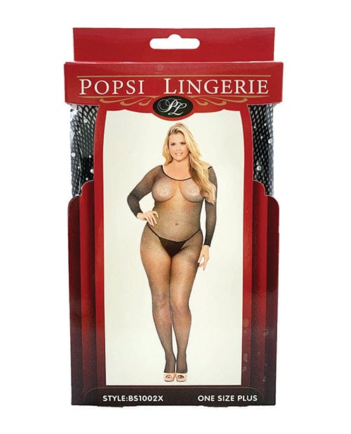 Rhinestone Fishnet Full Sleeved Bodystocking Black One Size Fits Most Plus Size