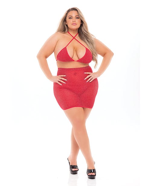 Rene Rofe Pink Lipstick Black Cherry Strap Halter Bra &amp; Skirt Red Lingerie &amp; Costumes