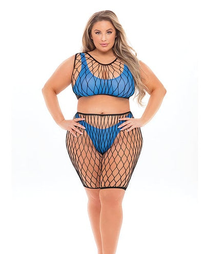 Rene Rofe Pink Lipstick Brace For Impact Large Fishnet Top, Shorts, Bra & Thong (fits Up To 3x) Pink Qn Blue Lingerie & Costumes