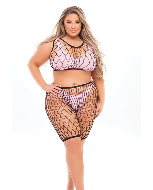 Rene Rofe Pink Lipstick Brace For Impact Large Fishnet Top, Shorts, Bra &amp; Thong (fits Up To 3x) Pink Qn Pink Lingerie &amp; Costumes
