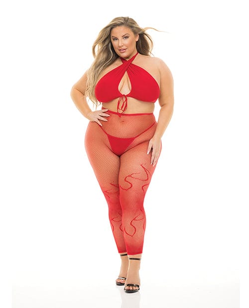 Rene Rofe Pink Lipstick Gives You Hell Halter Bra, Pantyhose &amp; G-string Red / Queen Lingerie &amp; Costumes