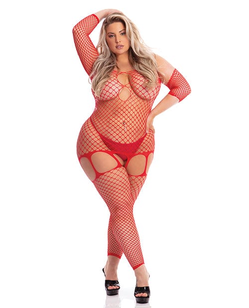 Rene Rofe Pink Lipstick In My Head Net Bodystocking Red / Queen Size Lingerie &amp; Costumes