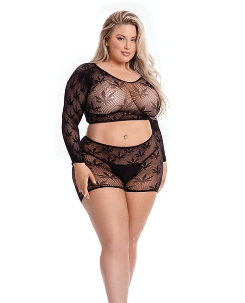 Rene Rofe Pink Lipstick Leaf It To Me Long Sleeve Crop Top & Short Black Lingerie & Costumes