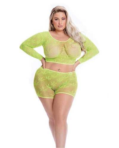 Rene Rofe Pink Lipstick Leaf It To Me Long Sleeve Crop Top & Short Green Lingerie & Costumes