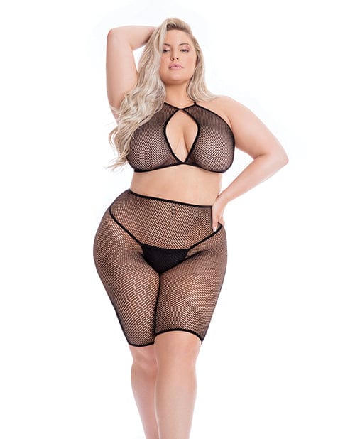 Rene Rofe Pink Lipstick Sunset Glow Halter Bra &amp; Bike Short Black Lingerie &amp; Costumes