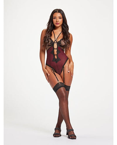 Seven 'til Midnight Costume Fishnet & Stretch Lace Teddy W/double Adjustable Straps Black/wine Large Lingerie & Costumes