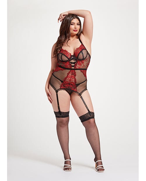 Floral Embroidered Lace Chemise with adjustable Garters & Thong Black / Red