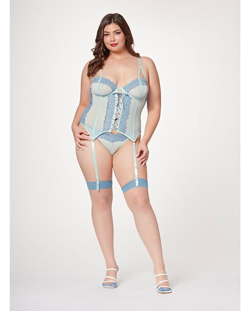 Lace & Mesh Bustier with lace Up Center, Garter Belt & Thong Blue