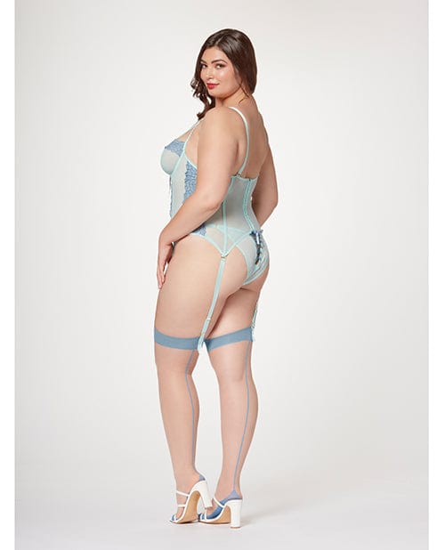 Lace & Mesh Bustier with lace Up Center, Garter Belt & Thong Blue