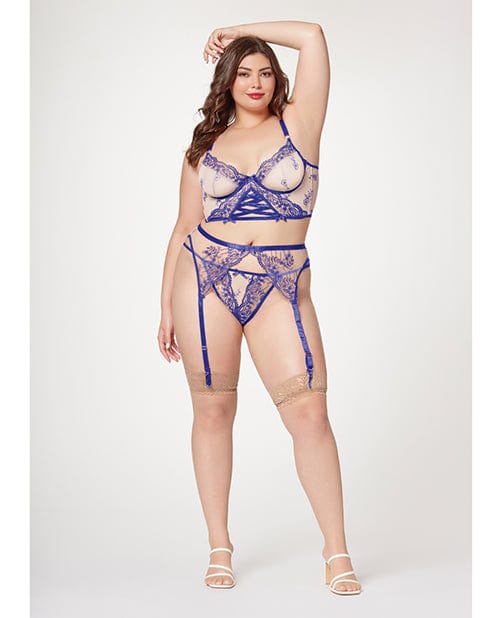 Sheer Stretch Mesh with floral Contrast Embroidery Bustier, Garter Belt & Thong Blue/nude