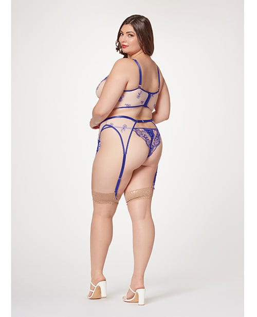 Sheer Stretch Mesh with floral Contrast Embroidery Bustier, Garter Belt & Thong Blue/nude