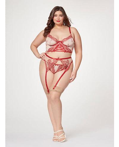 Seven 'til Midnight Costume Sheer Stretch Mesh W/floral Contrast Embroidery Bustier, Garter Belt & Thong Red/nude 1x/2x Lingerie & Costumes