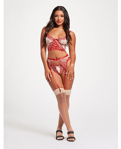Seven 'til Midnight Costume Sheer Stretch Mesh W/floral Contrast Embroidery Bustier, Garter Belt & Thong Red/nude Large Lingerie & Costumes