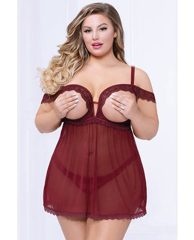 Seven 'til Midnight Lace & Mesh Open Cups Babydoll with Fly Away Back & Panty XL/2XL Lingerie & Costumes