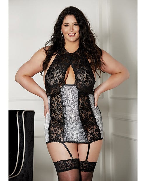 Lace Halter Neck & Snake Skin Print Gartered Chemise