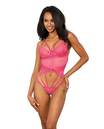 Shirley Of Hollywood Stretch Lace W/underwire Cups & Strap Thong Detail Teddy Hot Pink Medium Lingerie & Costumes