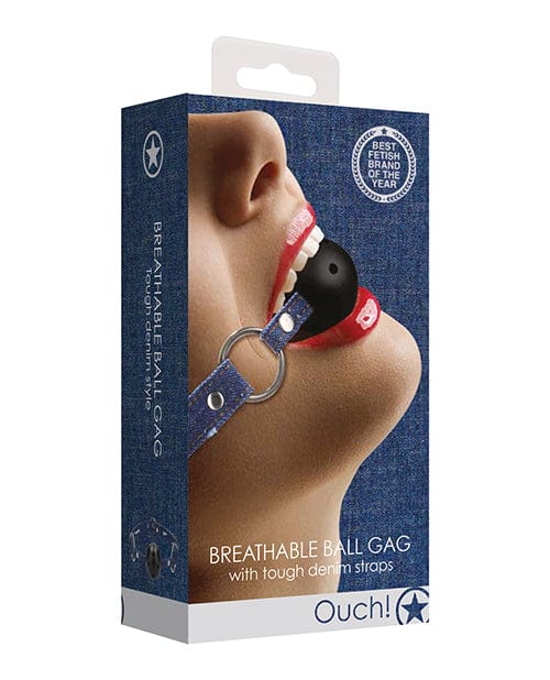 Shots America Shots Ouch Breathable Ball Gag with Denim Straps Blue Kink &amp; BDSM