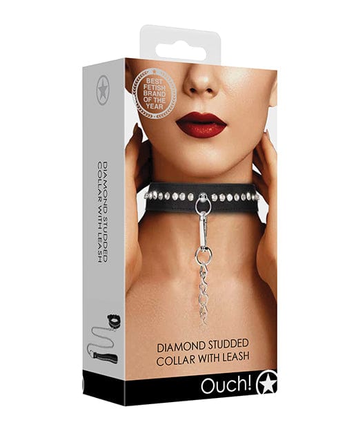 Shots America Shots Ouch Diamond Studded Collar with Leash - Black Kink &amp; BDSM